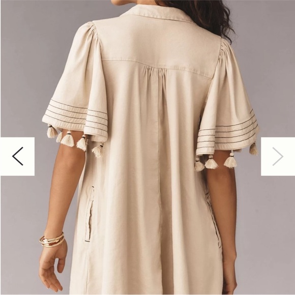 Anthropologie Maeve Collared Linen Button-Front Tassel Mini Dress Cream Size M - Picture 2 of 7